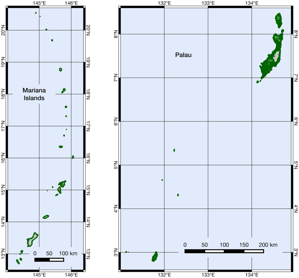 a map of survey regions in the Mariana Islands and Palau