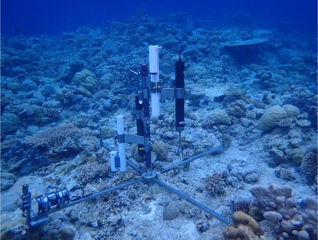 Reef metabolism equipment deployed on the seafloor of a coral reef