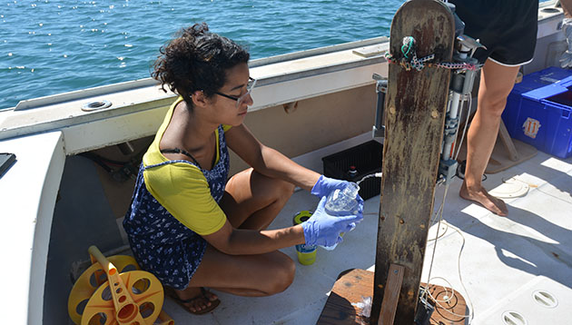 BIOS Bermuda Program intern Lakshmi Magon assists with the collection of water samples at Devil's Hole during a 2018 summer field excursion.