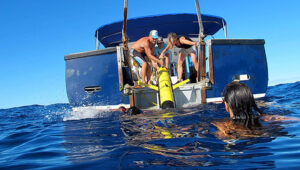 Scientists lower a glider into the water off the back of a BIOS research vessel
