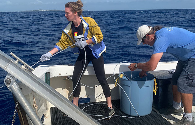 Coots spends hours on small boats offshore Bermuda collecting samples with a net from the surface down to about 500 feet (150 meters) depth, where surface light begins to fade, then isolating and imaging radiolarians from samples using a glass pipette and microscope. Photo by Hannah Gossner