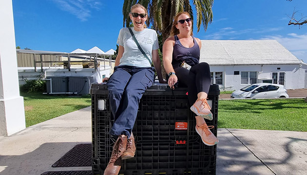 This month BIOS zooplankton ecologist Amy Maas (left) and research associate Hannah Gossner celebrated the return of equipment that took half a year to arrive back to BIOS following a cruise in the Atlantic. “This gear left Bermuda in February 2021 to be on the ship in May. We left the boat in June and it only just arrived back at BIOS this fall,” Maas said. While plankton samples did come back earlier, Maas and Gossner had to be enterprising to recover compromised data.