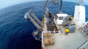 The CTD is deployed off the side of the research vessel Atlantic Explorer